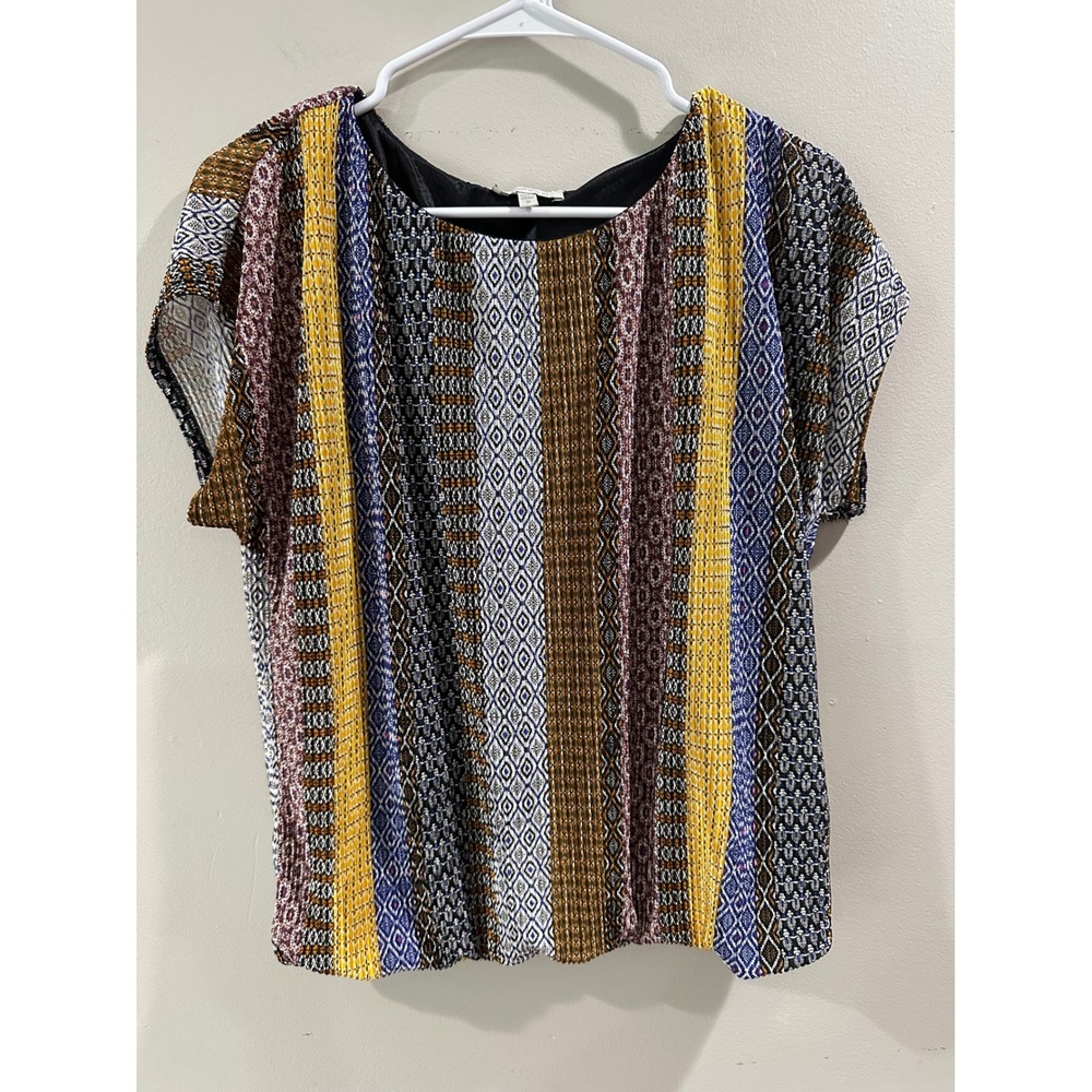 Chenault Womens Medium Geometric Stripe Pleated Blouse Multicolored Short Sleeve